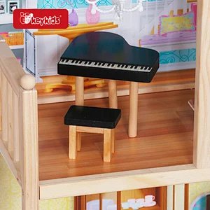 Wooden 4-Story Dollhouse with 9 Fully Furnished Rooms, Balcony, Piano, Bathtub, Movable Furniture for Kids Pretend Play W06A358C