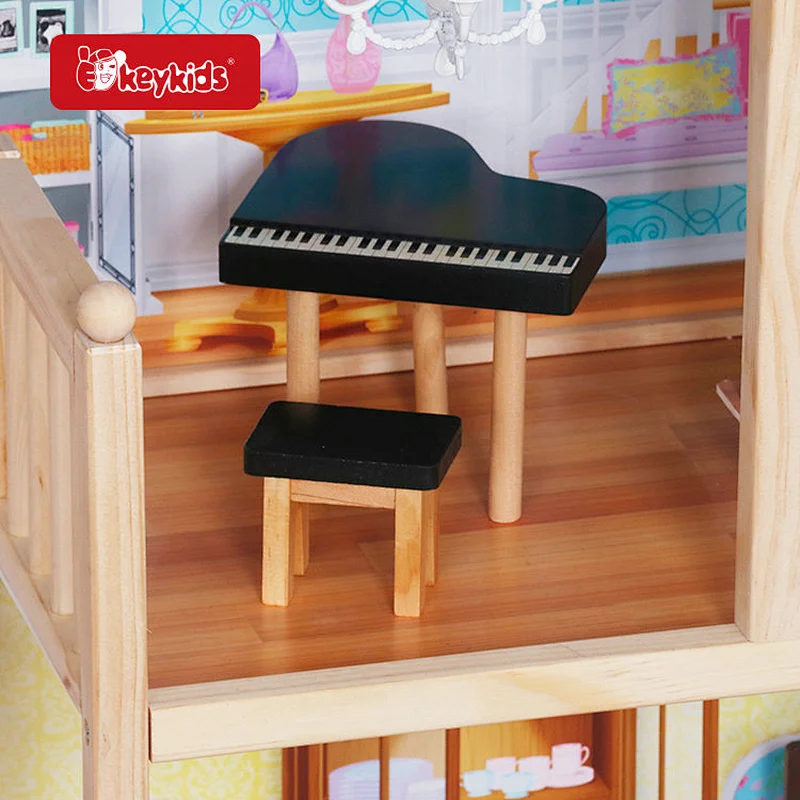 Wooden 4-Story Dollhouse with 9 Fully Furnished Rooms, Balcony, Piano, Bathtub, Movable Furniture for Kids Pretend Play W06A358C